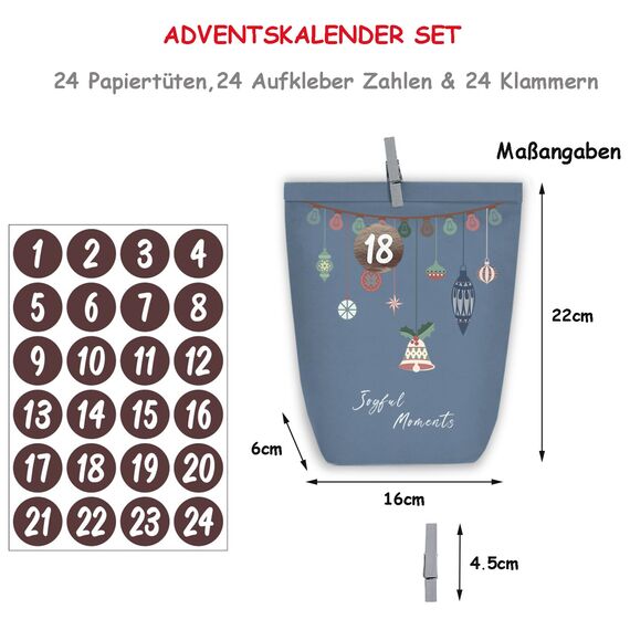 KOHMUI Adventskalender zum Befüllen, 24 Weihnachtskalender Papiertüten zum Selber Basteln, Geschenktüten zum selbst füllen, Advents Tüten Selbstbefüllen für Kinder & Erwachsene