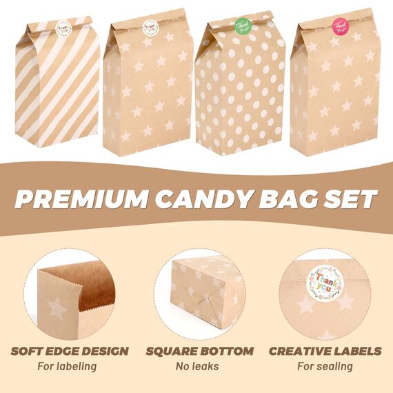 Ledebouk Papiertüten Kindergeburtstag, 20 Stück Geschenktüten Braun Tüten Papier mit 24 Aufkleber, Candy Tüten für Verpacken von Geschenken Giveaways Festivals Partys 24×12,7×8 cm