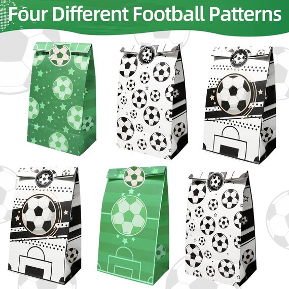 12 Stück Fußball Papiertüten Geburtstagstüten Fussball Party Tüten mit 18 Aufkleber 4 Muster für Kinder Weihnachten Halloween Geburtstag Hochzeit Party für Geburtstag Kinder Fußball Motto Party Favors