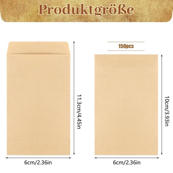 150 Stück Papiertüten Klein, 6 x 10 cm Samentütchen Minitüten Kleine Papiertüten zum Befüllen Flachbeutel Mini Kraftpapiertüten für Samen Ramadan Münzen Valentinstag Ostern (Braun)