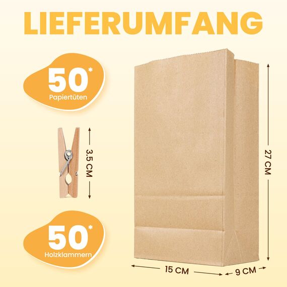 Guheake® Papiertüten 50 Stück Braun - 15 x 27 x 9 cm Kraftpapier tüten Fettdicht Braune Geschenktüten, DIY Weihnachten Adventskalender, Mitgebseltüten, Süßigkeiten, Butterbrottüten