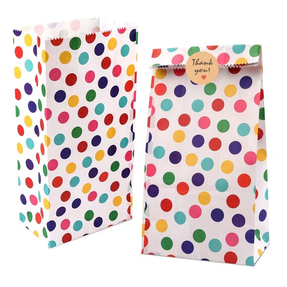 25 Stück Papiertüten Kindergeburtstag Klein, 18 x 9 x 5,5 cm Geschenktüten Klein mit 48 Aufkleber Regenbogen Punkte Mitgebsel Candy Tüten für Valentinstag Ostern Hochzeit Geburtstag Party