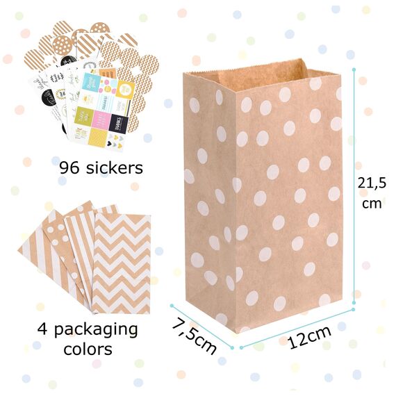 PAKNOR® Papiertüten Braun, 40 stk Kraftpapiertüten Geschenktüten Papier Braune Tüten Papier mit 96 Aufkleber, Papiertüte zum Verpacken von Geschenken, Giveaways, Kindergeburtstag