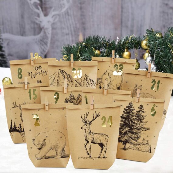 Adventskalender Tüten zum Befüllen, Weihnachtskalender Papiertüten zum Selber Basteln, DIY Advents Kraftpapiertüten Selbstbefüllen zum selbst füllen, 24 Bedruckte Geschenktüten für Kinder Erwachsene