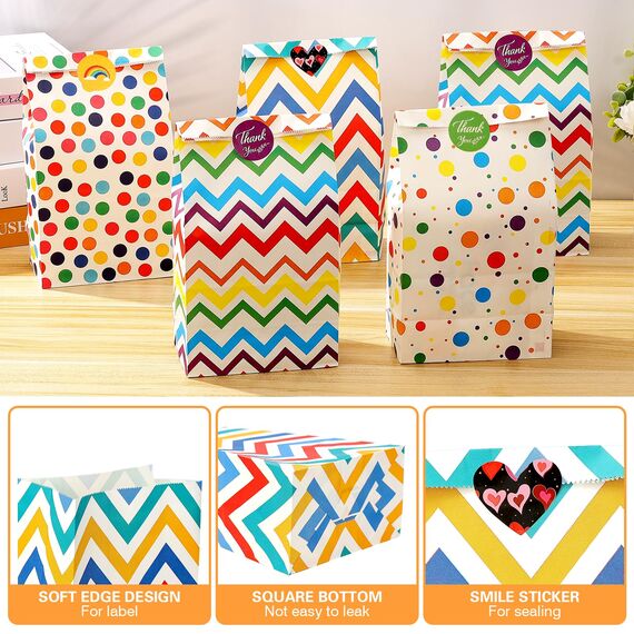 Mexgcom 20 Stück Papiertüten, Mehrere Stile Geschenktüten Kindergeburtstage mit 51 Aufkleber, 24 x 13 x 8 cm Farbe Tüten Papier von Kindergeburtstag, Hochzeit, Feiern