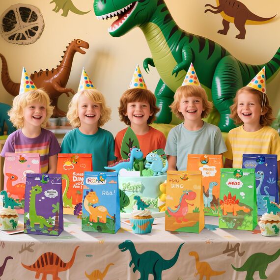 Dinosaurier Party Taschen, 16 Stück Geschenktüten Papier mit 24 Aufkleber, Dinosaurier Party Bags Tüten Mitgebseltüten Gastgeschenke zum Kindergeburtstagen Geburtstagstüten für Süßigkeiten
