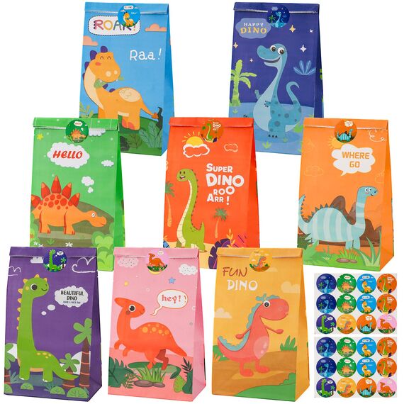Dinosaurier Party Taschen, 16 Stück Geschenktüten Papier mit 24 Aufkleber, Dinosaurier Party Bags Tüten Mitgebseltüten Gastgeschenke zum Kindergeburtstagen Geburtstagstüten für Süßigkeiten
