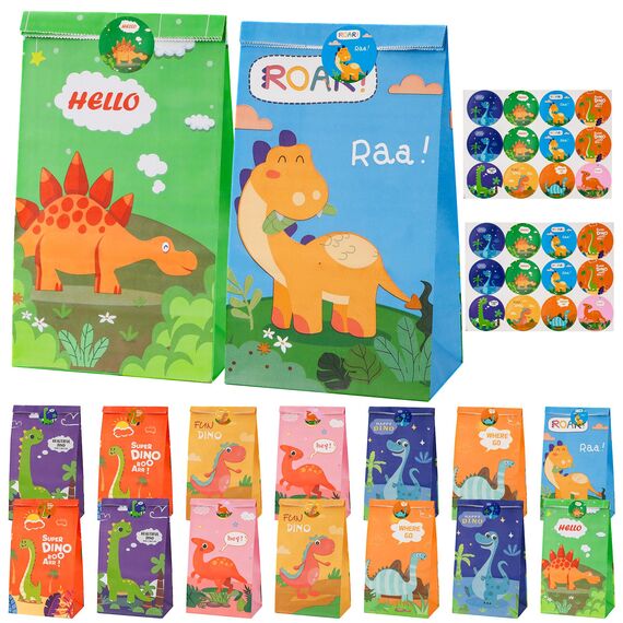 Dinosaurier Party Taschen, 16 Stück Geschenktüten Papier mit 24 Aufkleber, Dinosaurier Party Bags Tüten Mitgebseltüten Gastgeschenke zum Kindergeburtstagen Geburtstagstüten für Süßigkeiten