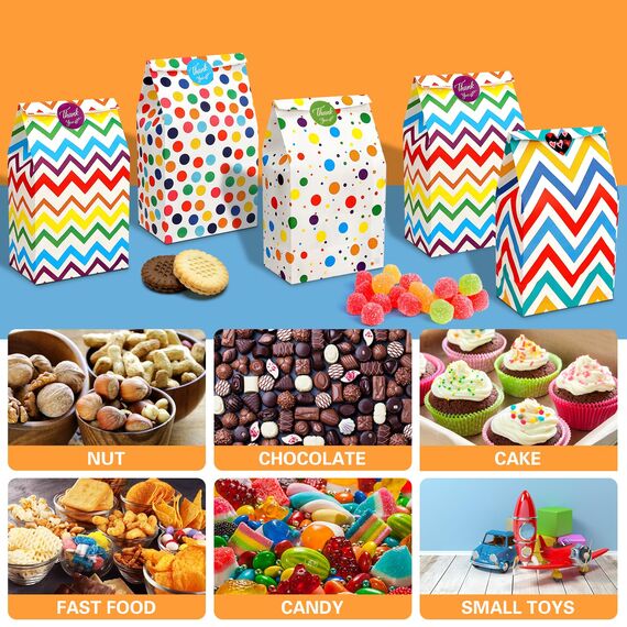 Mexgcom 20 Stück Papiertüten, Mehrere Stile Geschenktüten Kindergeburtstage mit 51 Aufkleber, 24 x 13 x 8 cm Farbe Tüten Papier von Kindergeburtstag, Hochzeit, Feiern