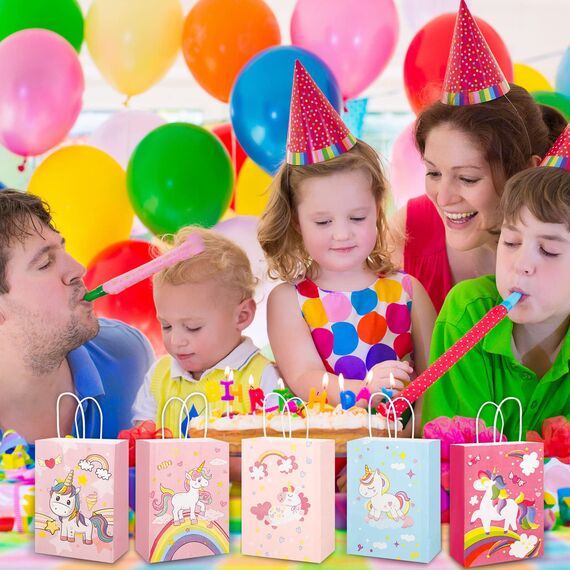 Xinstroe 12 Stück Papiertüten Kinder Geschenktüten Partytüten Einhorn Papiertüten Papier Tüten zum Verpacken von Geschenken, Giveaways, Kindergeburtstag, Hochzeit, Party, Einhorn Rosa