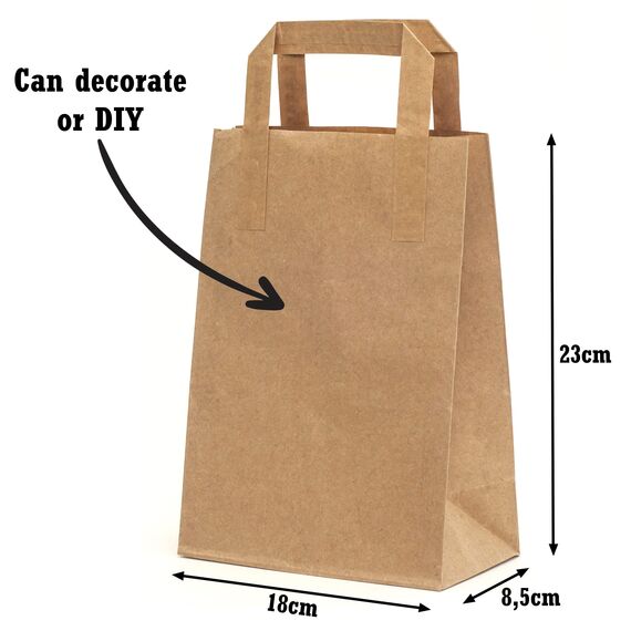 PAKNOR® 50stk Braun Papiertüten mit Henkel - 18 x 23 x 8,5 cm, Papiertragetasche mit Flachgriff, Geschenktüten, Kraftpapiertüte, DIY Adventskalender