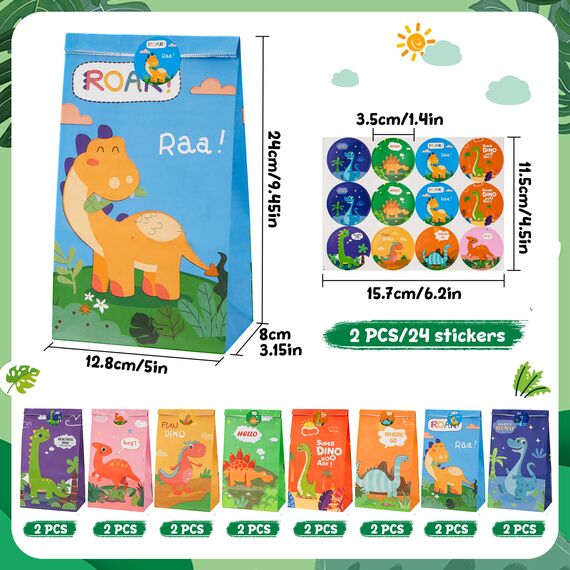 Dinosaurier Party Taschen, 16 Stück Geschenktüten Papier mit 24 Aufkleber, Dinosaurier Party Bags Tüten Mitgebseltüten Gastgeschenke zum Kindergeburtstagen Geburtstagstüten für Süßigkeiten