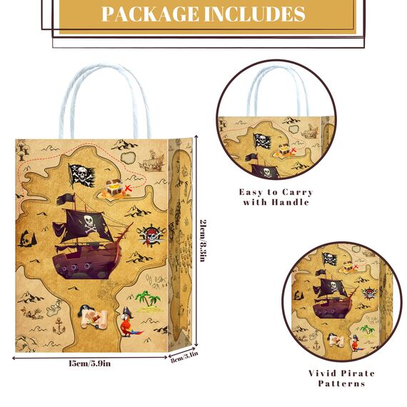 10 Stück Piraten Party Taschen,Piraten Geschenktüten Papiertüten mit Henkel,Piratenschiff Geburtstag Geschenktaschen,Pirate Papier Gastgeschenke Tüten Piratenparty Mitgebseltüten