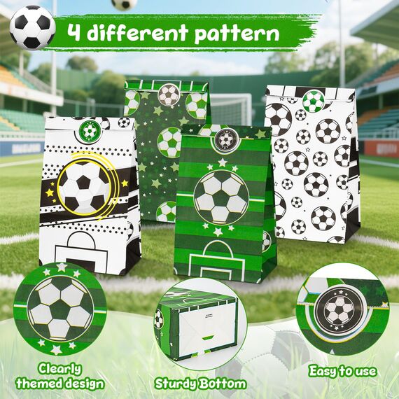 Fußball Party Taschen, 16 Stück Fussball Geschenktüten Papier mit 24 Aufkleber, Football Party Bags Tüten zum Mitgebseltüten Gastgeschenke, Kindergeburtstagen Geburtstagstüten für Süßigkeiten