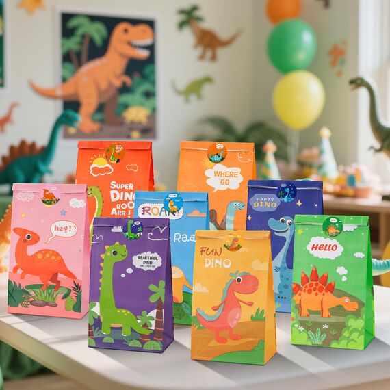 Dinosaurier Party Taschen, 16 Stück Geschenktüten Papier mit 24 Aufkleber, Dinosaurier Party Bags Tüten Mitgebseltüten Gastgeschenke zum Kindergeburtstagen Geburtstagstüten für Süßigkeiten