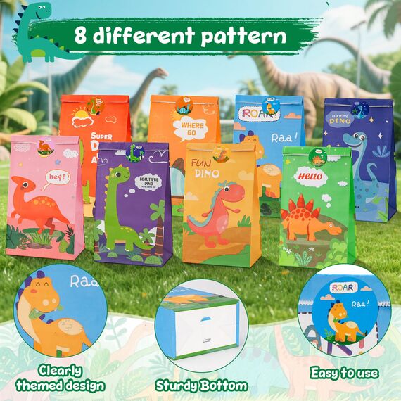 Dinosaurier Party Taschen, 16 Stück Geschenktüten Papier mit 24 Aufkleber, Dinosaurier Party Bags Tüten Mitgebseltüten Gastgeschenke zum Kindergeburtstagen Geburtstagstüten für Süßigkeiten