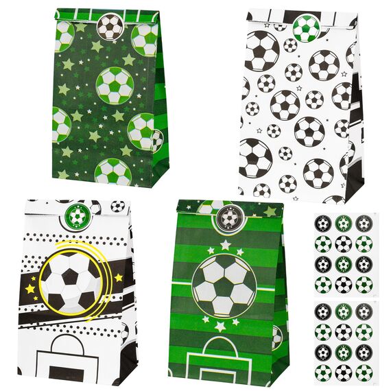 Fußball Party Taschen, 16 Stück Fussball Geschenktüten Papier mit 24 Aufkleber, Football Party Bags Tüten zum Mitgebseltüten Gastgeschenke, Kindergeburtstagen Geburtstagstüten für Süßigkeiten