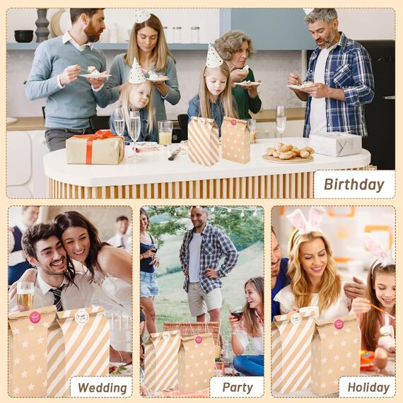 Ledebouk Papiertüten Kindergeburtstag, 20 Stück Geschenktüten Braun Tüten Papier mit 24 Aufkleber, Candy Tüten für Verpacken von Geschenken Giveaways Festivals Partys 24×12,7×8 cm