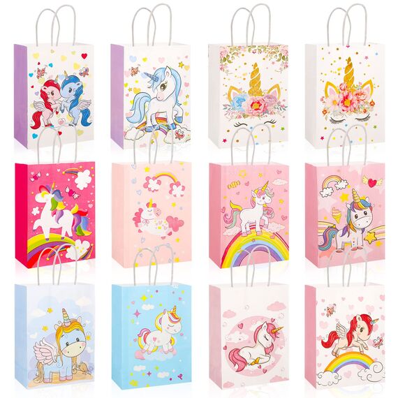 Xinstroe 12 Stück Papiertüten Kinder Geschenktüten Partytüten Einhorn Papiertüten Papier Tüten zum Verpacken von Geschenken, Giveaways, Kindergeburtstag, Hochzeit, Party, Einhorn Rosa