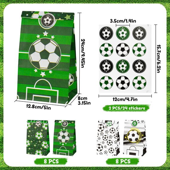 Fußball Party Taschen, 16 Stück Fussball Geschenktüten Papier mit 24 Aufkleber, Football Party Bags Tüten zum Mitgebseltüten Gastgeschenke, Kindergeburtstagen Geburtstagstüten für Süßigkeiten