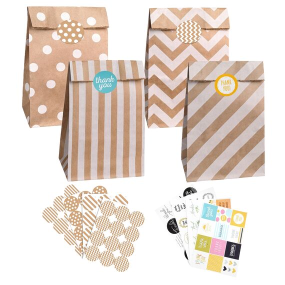 PAKNOR® Papiertüten Braun, 40 stk Kraftpapiertüten Geschenktüten Papier Braune Tüten Papier mit 96 Aufkleber, Papiertüte zum Verpacken von Geschenken, Giveaways, Kindergeburtstag