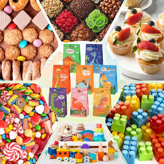 Dinosaurier Party Taschen, 16 Stück Geschenktüten Papier mit 24 Aufkleber, Dinosaurier Party Bags Tüten Mitgebseltüten Gastgeschenke zum Kindergeburtstagen Geburtstagstüten für Süßigkeiten