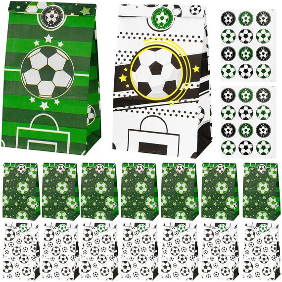 Fußball Party Taschen, 16 Stück Fussball Geschenktüten Papier mit 24 Aufkleber, Football Party Bags Tüten zum Mitgebseltüten Gastgeschenke, Kindergeburtstagen Geburtstagstüten für Süßigkeiten