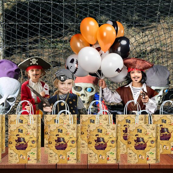 10 Stück Piraten Party Taschen,Piraten Geschenktüten Papiertüten mit Henkel,Piratenschiff Geburtstag Geschenktaschen,Pirate Papier Gastgeschenke Tüten Piratenparty Mitgebseltüten