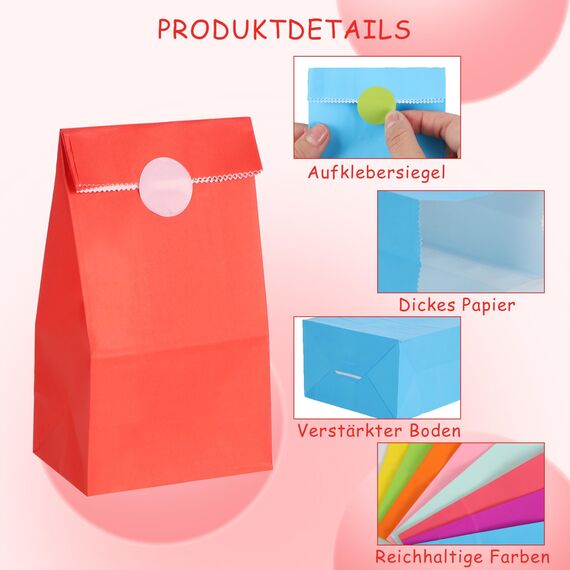 100 Stück Papiertüten Bunt, 18 x 9 x 6 cm Geschenktüte Klein mit 108 Aufkleber Tüten Kindergeburtstag Mitgebsel Tüten Partytüten für Ramadan Hochzeit Valentinstag Geburtstag Ostern (10 Farben)