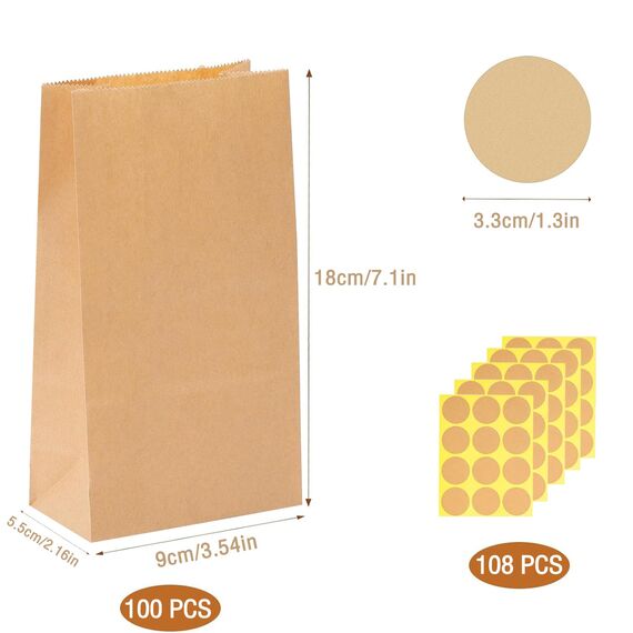 100 Stück Papiertüten Adventskalender Klein Mit Aufkleber, 9x18x5.5cm Geschenktüten Braun Kraftpapier Tüten, Butterbrottüten Mitgebsel Tüten DIY Papiertüten für Weihnachten Hochzeit Geburtstag