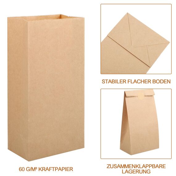 200 Stück Papiertüten Klein, 18x9x5,5 cm Geschenktüten Klein Braun Kraftpapier Tüten Butterbrottüten Mitgebseltüten mit Aufkleber Hochzeit Ramadan Geburtstag Valentinstag Ostern