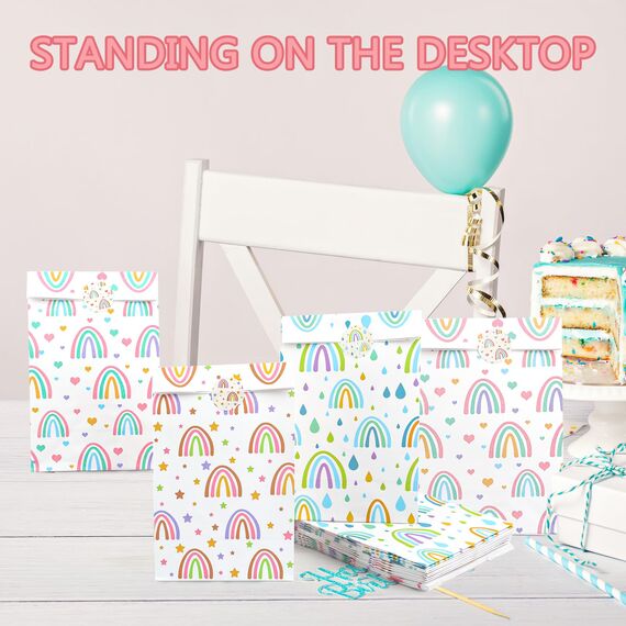 18 Stück Geschenktüten Kindergeburtstag, Regenbogen Mitgebsel Tüten mit 30 Aufkleber, Papiertüten Kindergeburtstag, Geburtstagstüten Kinder, Geschenktüten für Kindergeburtstag, Hochzeit, Party