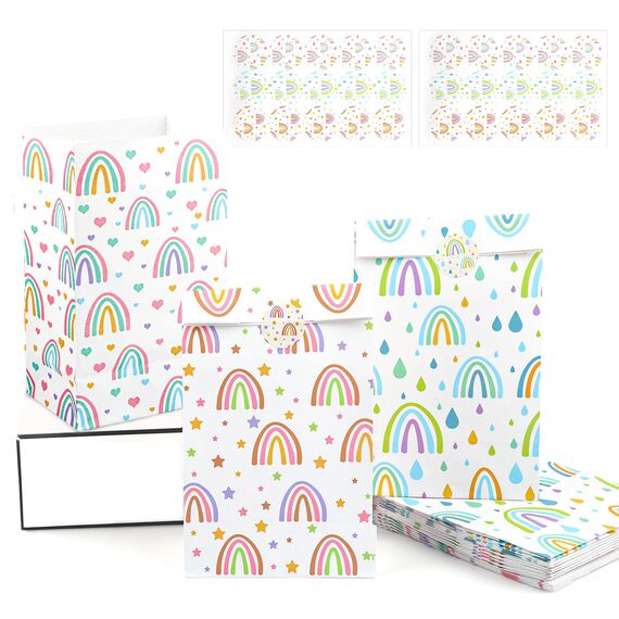 18 Stück Geschenktüten Kindergeburtstag, Regenbogen Mitgebsel Tüten mit 30 Aufkleber, Papiertüten Kindergeburtstag, Geburtstagstüten Kinder, Geschenktüten für Kindergeburtstag, Hochzeit, Party