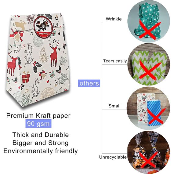 30 Stück Papiertüten Geschenktüten, Süßigkeitentüten Kraftpapier mit 2 Weihnachten Designs und 30 PCS Aufklebern für Geburtstage, Hochzeiten und mehr