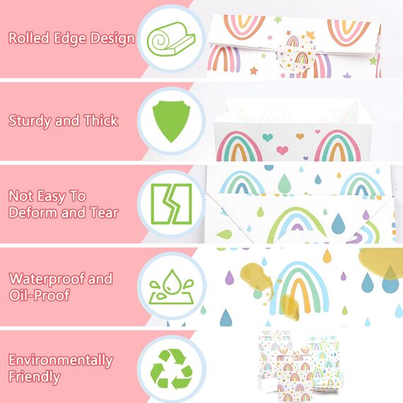 18 Stück Geschenktüten Kindergeburtstag, Regenbogen Mitgebsel Tüten mit 30 Aufkleber, Papiertüten Kindergeburtstag, Geburtstagstüten Kinder, Geschenktüten für Kindergeburtstag, Hochzeit, Party