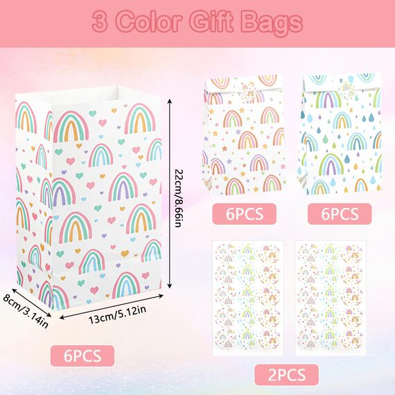 18 Stück Geschenktüten Kindergeburtstag, Regenbogen Mitgebsel Tüten mit 30 Aufkleber, Papiertüten Kindergeburtstag, Geburtstagstüten Kinder, Geschenktüten für Kindergeburtstag, Hochzeit, Party