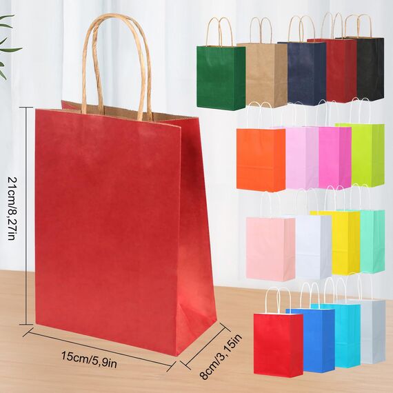 rokrist 17stk Bunt Papiertüten mit Henkel, Geschenktüten 21x15x8cm, Kraftpapiertüte für Weihnachten, Einkaufen, Geburtstag, Hochzeiten, Verpackungen, Partys