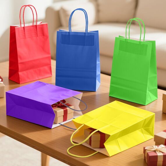 30 Stück Papiertüten 10 Farben Geschenktüten, Kraftpapiertüten mit henkel, Geschenktüten für Hochzeitsfeier, Candy Tüten zum Verpacken von Kindergeburtstag, Party, Geschenken, Feiern(15 x 8 x 21 cm)