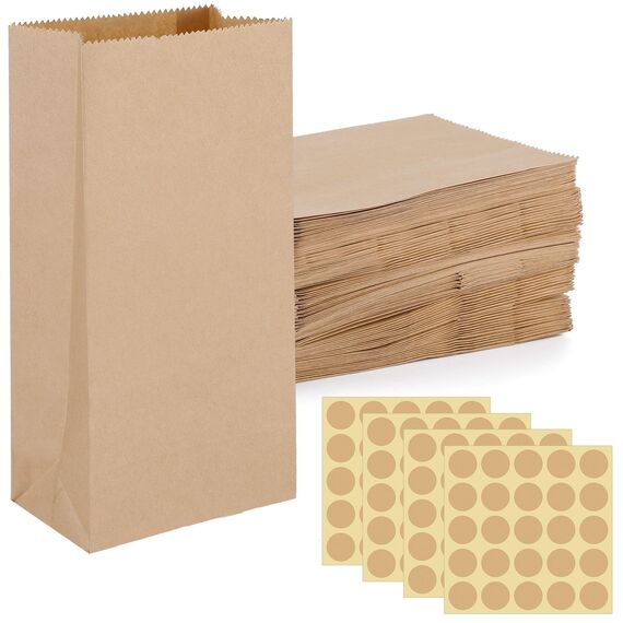 100 Stück Papiertüten Klein Braun, Kraftpapier Tüten mit Aufkleber DIY Süßigkeitentüten Butterbrottüten Samentütchen Geschenktüten für Ramadan Hochzeit Geburtstag Valentinstag Ostern