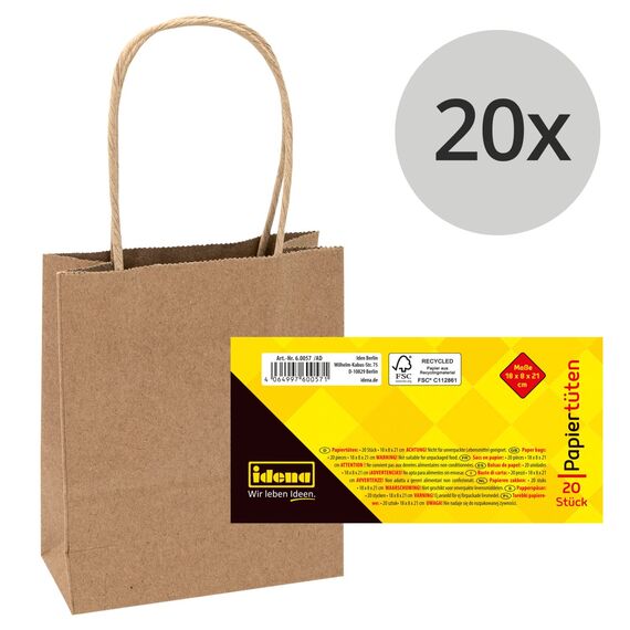 Idena 60057 - Papiertüten, 20 Stück, 18 x 8 x 21 cm, Geschenktüten, Kraftpapier Tüten, Basteltüten zum Verzieren und Verschenken