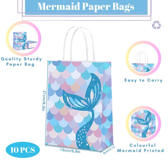 10 Stück Meerjungfrau Geschenktüten Papier,Meerjungfrau Party Taschen mit Henkel,Geschenktüten Bunt für Kindergeburtstag Mädchen,Gastgeschenke Tüten Papiertüten Partytüten Candy Tüten