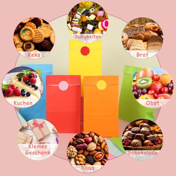 100 Stück Papiertüten Bunt, 18 x 9 x 6 cm Geschenktüte Klein mit 108 Aufkleber Tüten Kindergeburtstag Mitgebsel Tüten Partytüten für Ramadan Hochzeit Valentinstag Geburtstag Ostern (10 Farben)