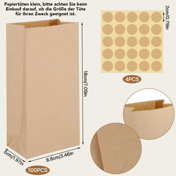 100 Stück Papiertüten Klein Braun, Kraftpapier Tüten mit Aufkleber DIY Süßigkeitentüten Butterbrottüten Samentütchen Geschenktüten für Ramadan Hochzeit Geburtstag Valentinstag Ostern