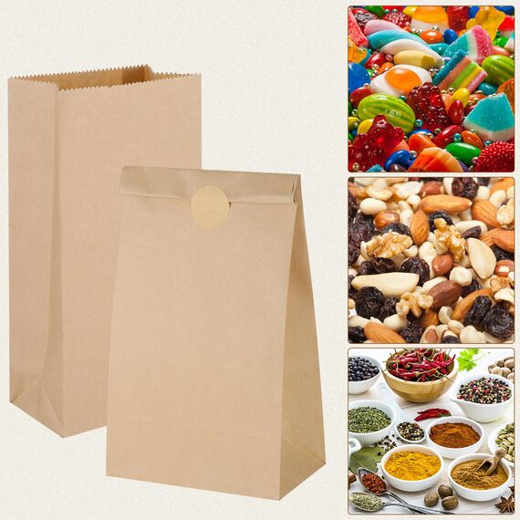 100 Stück Papiertüten Klein Braun, Kraftpapier Tüten mit Aufkleber DIY Süßigkeitentüten Butterbrottüten Samentütchen Geschenktüten für Ramadan Hochzeit Geburtstag Valentinstag Ostern