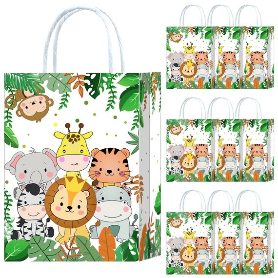 10 Stück Dschungel Safari Party Taschen,Dschungel Safari Geschenktüten Papiertüten mit Henkel,Dschungel Safari Geburtstag Geschenktaschen,Tiere Papier Gastgeschenke Tüten Mitgebseltüten