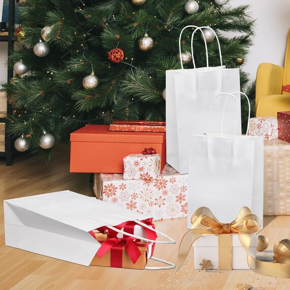 30 Stück Papiertüten Weiß Geschenktüten, Kraftpapiertüten mit henkel, Geschenktüten für Hochzeitsfeier, Candy Tüten zum Verpacken von Kindergeburtstag, Party, Geschenken, Feiern(15 x 8 x 21 cm)