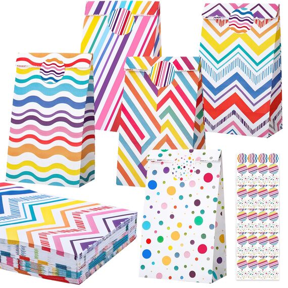 woric 50 Stück Geschenktüten Kindergeburtstag Klein, 22x12x7cm Papiertüten Bunt Klein Candy Tüten mit 60 Aufkleber Mitgebsel Tüten für Valentinstag Ostern Kindergeburtstag Hochzeit Party (5 Stile)