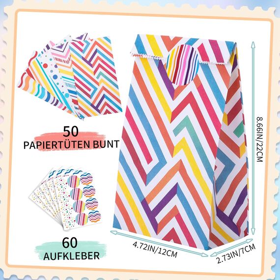 woric 50 Stück Geschenktüten Kindergeburtstag Klein, 22x12x7cm Papiertüten Bunt Klein Candy Tüten mit 60 Aufkleber Mitgebsel Tüten für Valentinstag Ostern Kindergeburtstag Hochzeit Party (5 Stile)
