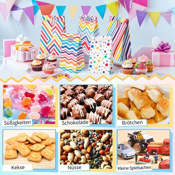 woric 50 Stück Geschenktüten Kindergeburtstag Klein, 22x12x7cm Papiertüten Bunt Klein Candy Tüten mit 60 Aufkleber Mitgebsel Tüten für Valentinstag Ostern Kindergeburtstag Hochzeit Party (5 Stile)