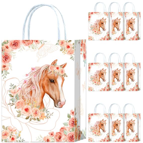 10 Stück Pferde Party Taschen,Pferd Geschenktüten,Pferde Papiertüten mit Henkel,Pferd Geburtstag Geschenktaschen,Pferde Papier Gastgeschenke Tüten Mitgebseltüten